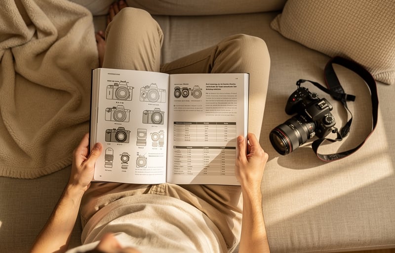 Lecture d'un livre de photographie à la maison