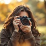Une femme en extérieur prend une photo stable avec un appareil, sous une lumière naturelle, dans une ambiance détendue et chaleureuse.