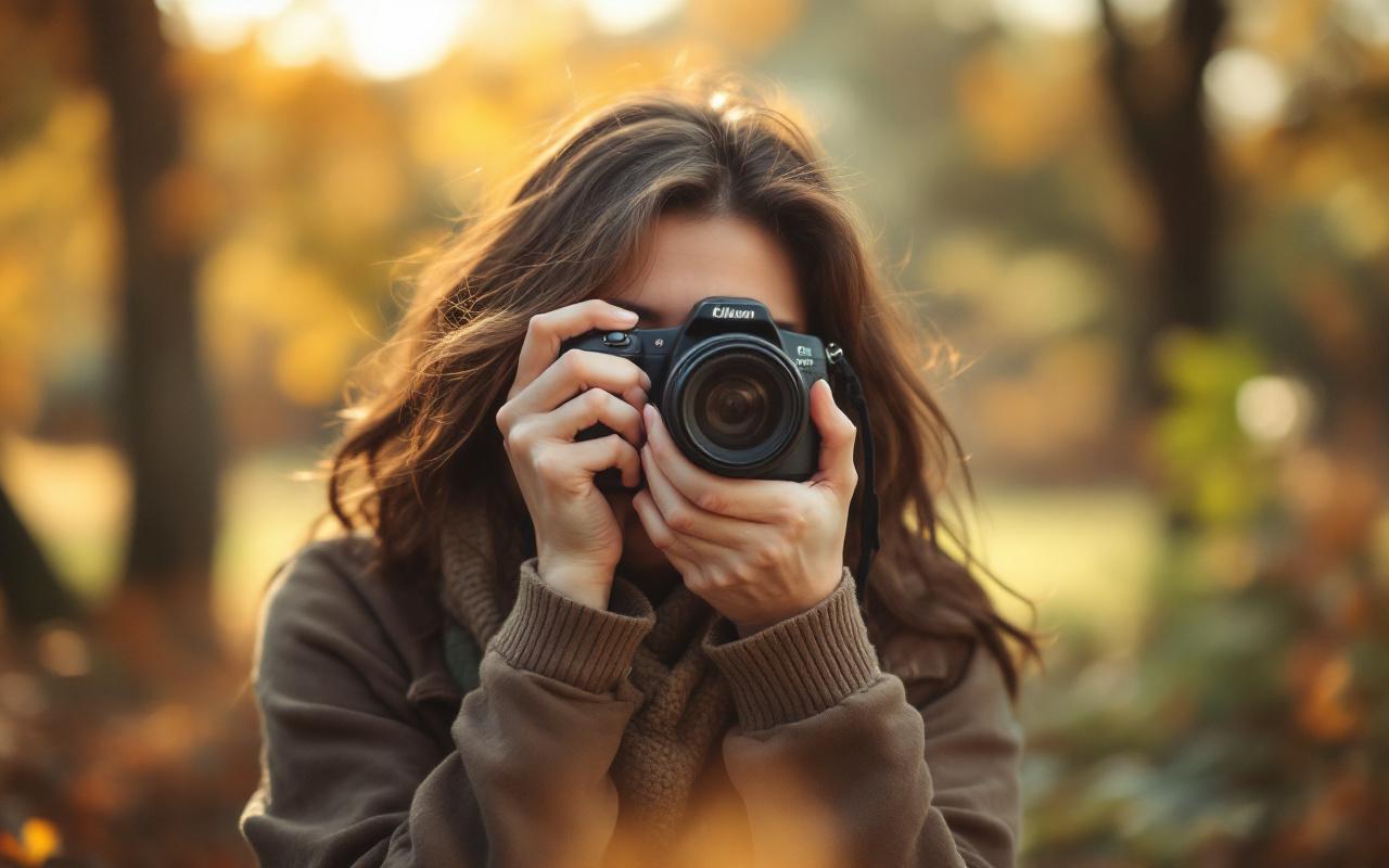 Une femme en extérieur prend une photo stable avec un appareil, sous une lumière naturelle, dans une ambiance détendue et chaleureuse.