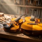 Atelier de lutherie artisanale avec un violon et une guitare sur un établi en bois, entourés d’outils en bois et en métal.