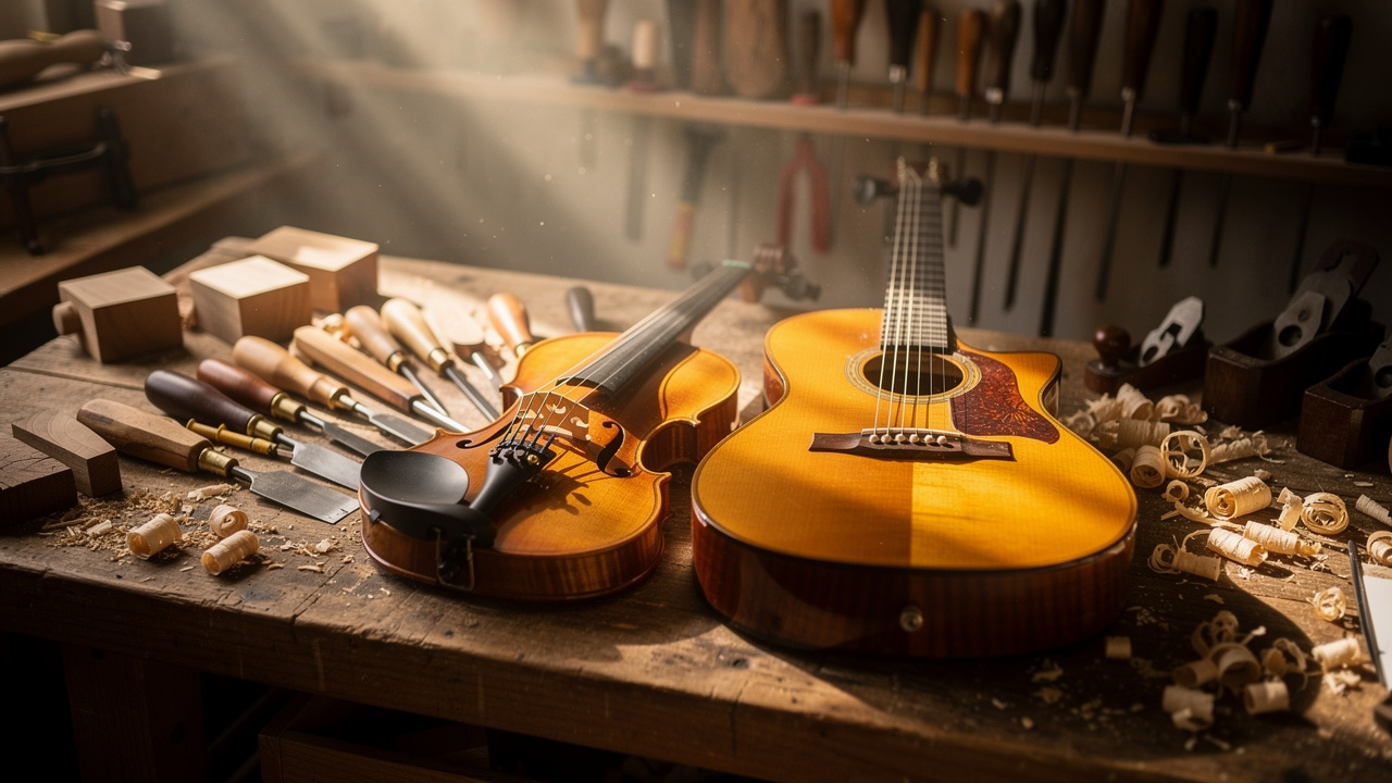 Atelier de lutherie artisanale avec un violon et une guitare sur un établi en bois, entourés d’outils en bois et en métal.