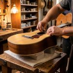 Atelier artisanal de musique acoustique avec un établi en bois, des outils fins et une guitare en cours de fabrication sous une lumière chaude.