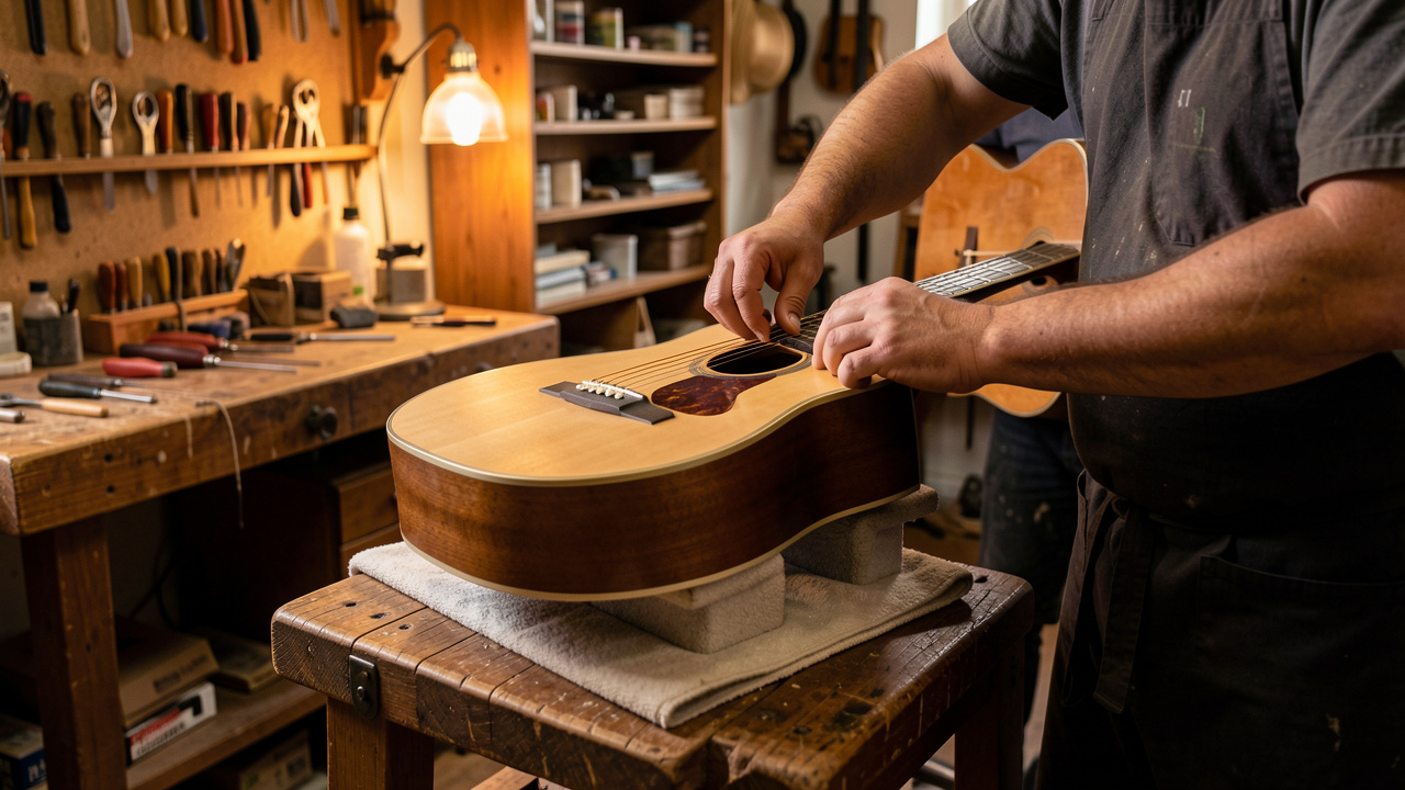 Atelier artisanal de musique acoustique avec un établi en bois, des outils fins et une guitare en cours de fabrication sous une lumière chaude.