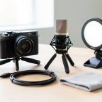 Kit de création de contenu sur un bureau clair : appareil photo sur trépied, micro avec suspension, lampe LED diffuseur et accessoires disposés de façon soignée.