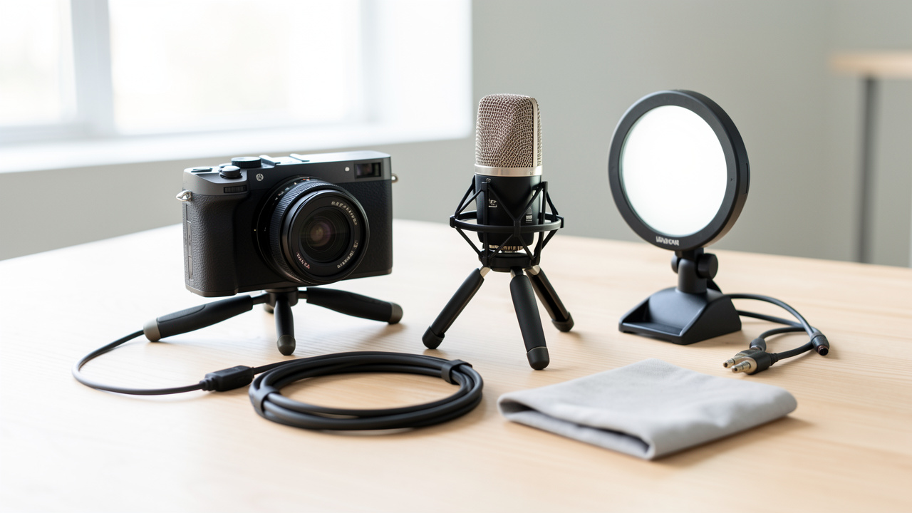 Kit de création de contenu sur un bureau clair : appareil photo sur trépied, micro avec suspension, lampe LED diffuseur et accessoires disposés de façon soignée.