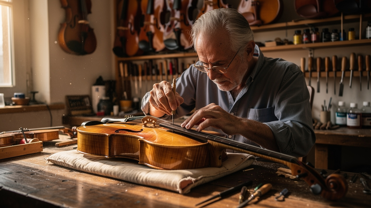 Un luthier restaure un instrument à cordes ancien dans un atelier spécialisé, l’instrument posé sur un établi, outils fins et lumière naturelle douce.