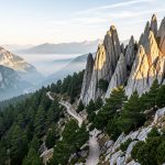 Vue panoramique du col de Bavella : un sentier de montagne serpente dans les pins corses, avec de grandes aiguilles rocheuses baignées par le soleil.