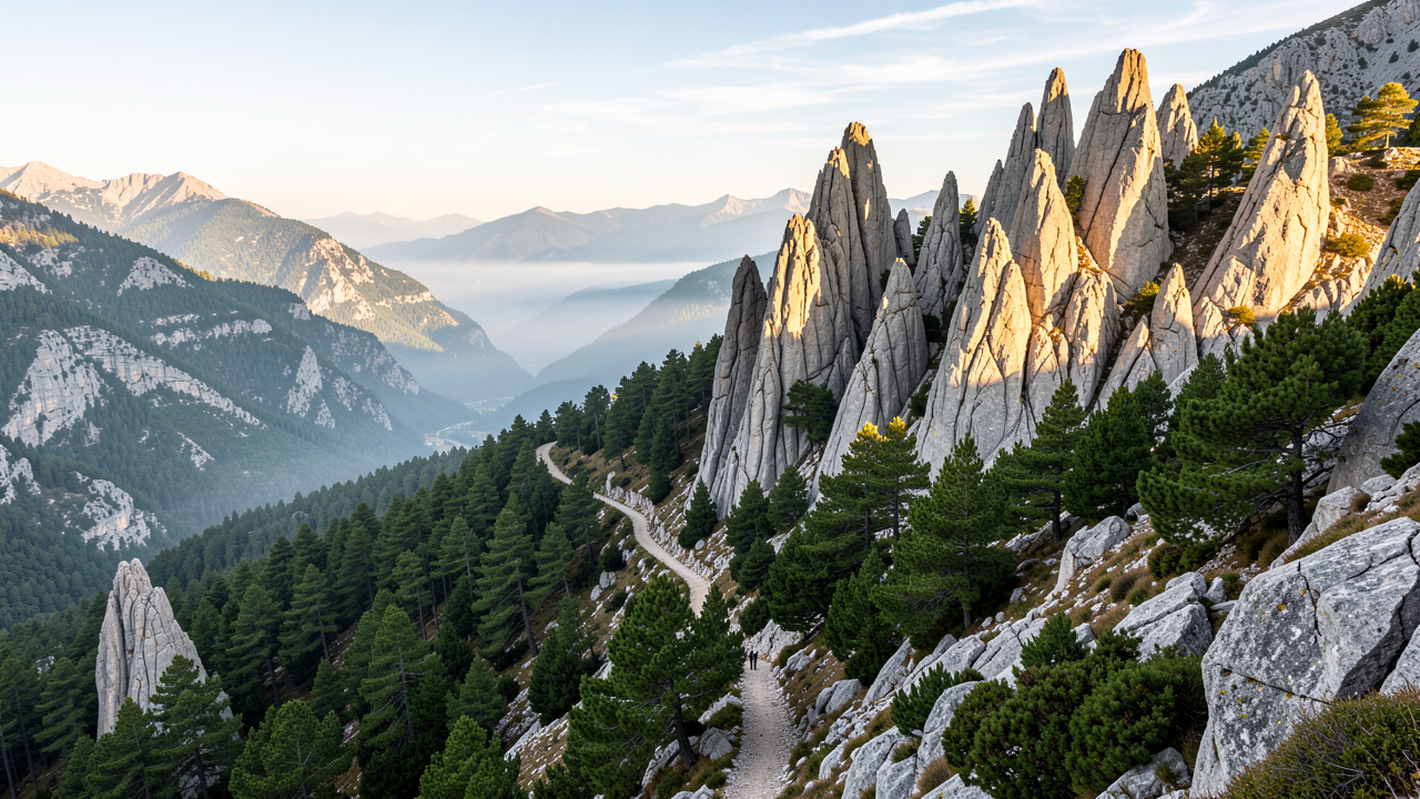 Vue panoramique du col de Bavella : un sentier de montagne serpente dans les pins corses, avec de grandes aiguilles rocheuses baignées par le soleil.