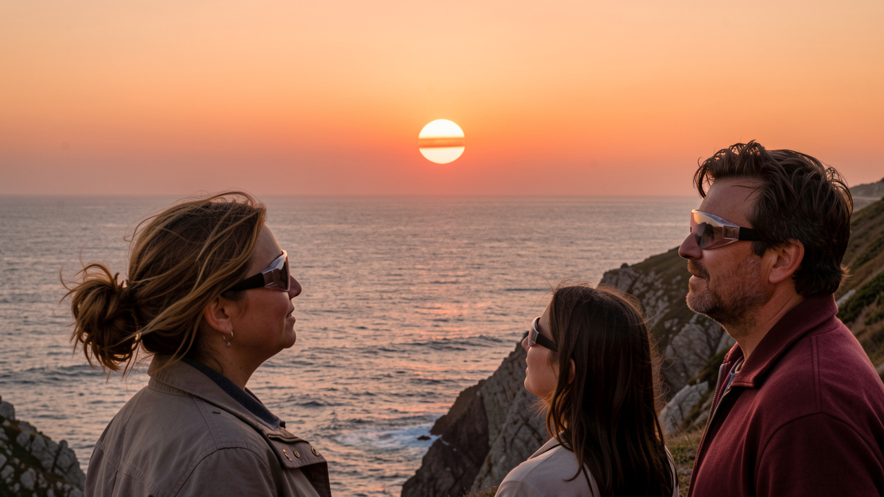 Deux femmes et un homme portant des lunettes de protection observent une éclipse solaire partielle au-dessus d’un horizon marin dégagé, au coucher du Soleil, sur une côte française.