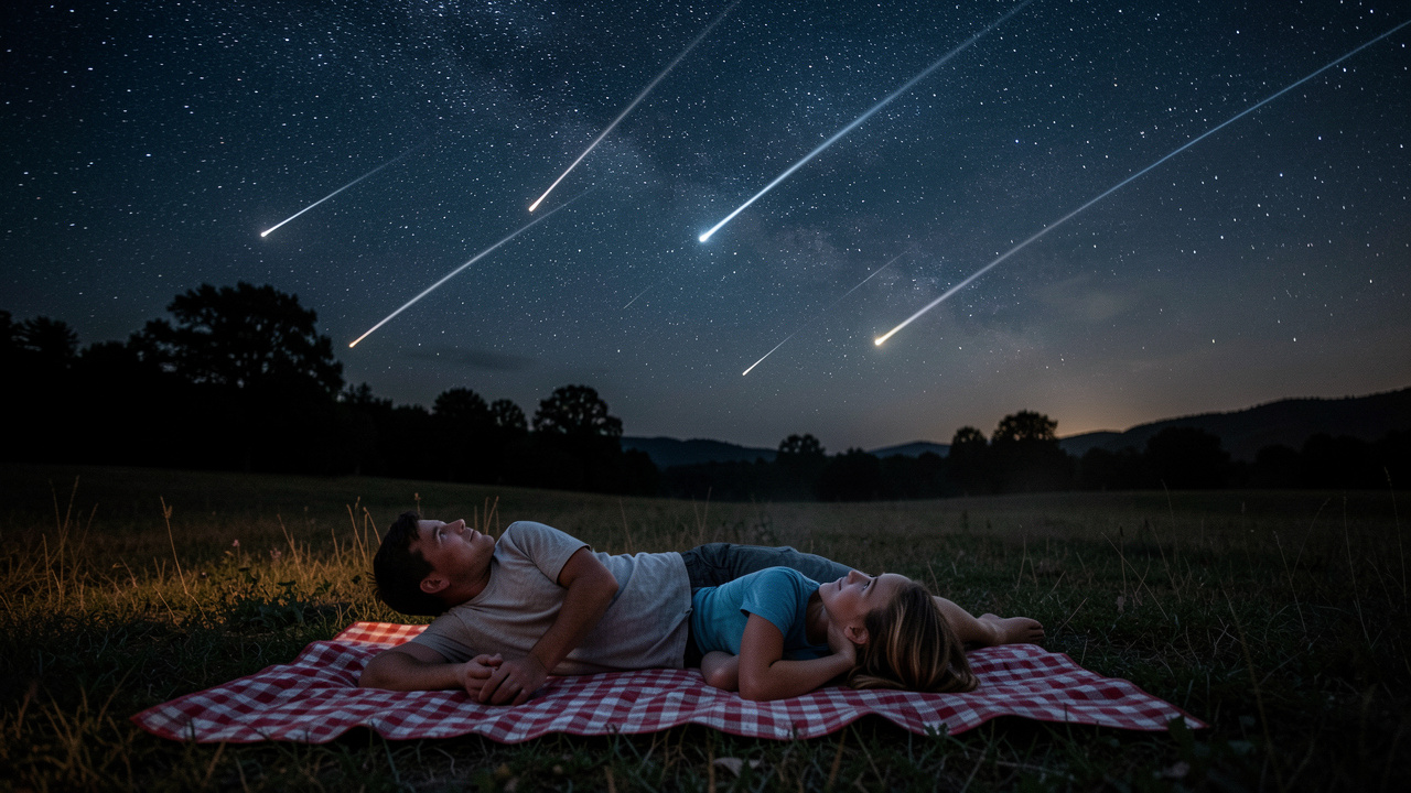 Une famille allongée sur une couverture en pleine nuit d’août observe un ciel étoilé avec plusieurs étoiles filantes au-dessus d’un paysage sombre.
