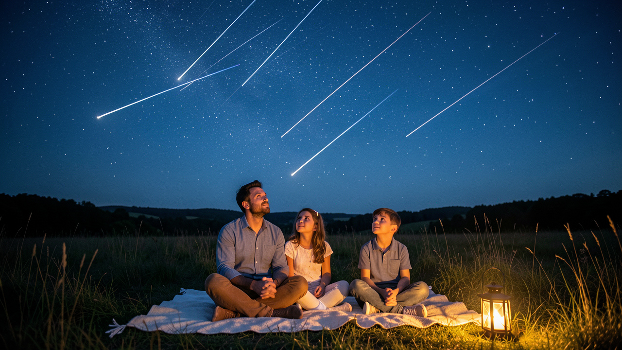 Une famille assise sur des couvertures dans une prairie sombre observe émerveillée une pluie d’étoiles filantes sous un ciel nocturne dégagé.