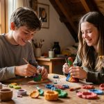 Un adolescent et une adolescente fabriquent ensemble des sculptures en pâte autodurcissante autour d’une table, dans un atelier chaleureux éclairé par la lumière douce d’un jour pluvieux.