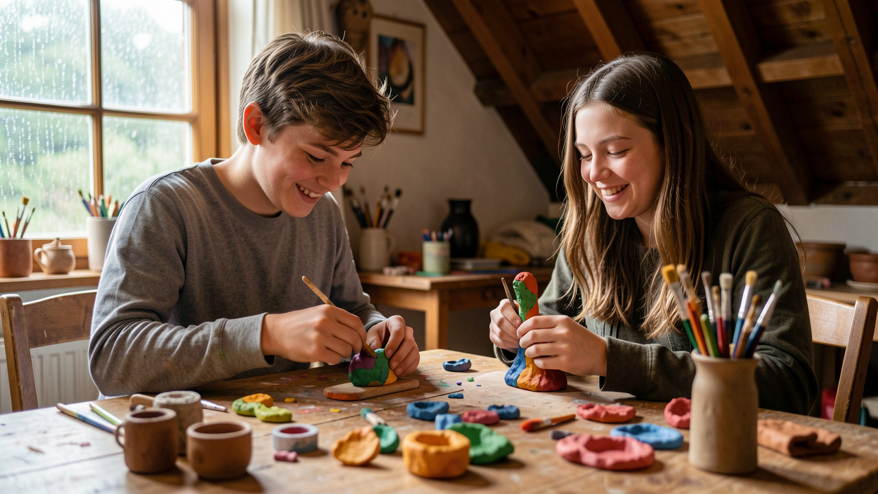 Un adolescent et une adolescente fabriquent ensemble des sculptures en pâte autodurcissante autour d’une table, dans un atelier chaleureux éclairé par la lumière douce d’un jour pluvieux.