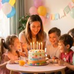 Une photographe capture un anniversaire d’enfant en intérieur, avec quatre enfants réunis autour d’un gâteau coloré dans une ambiance chaleureuse et décorée de ballons.