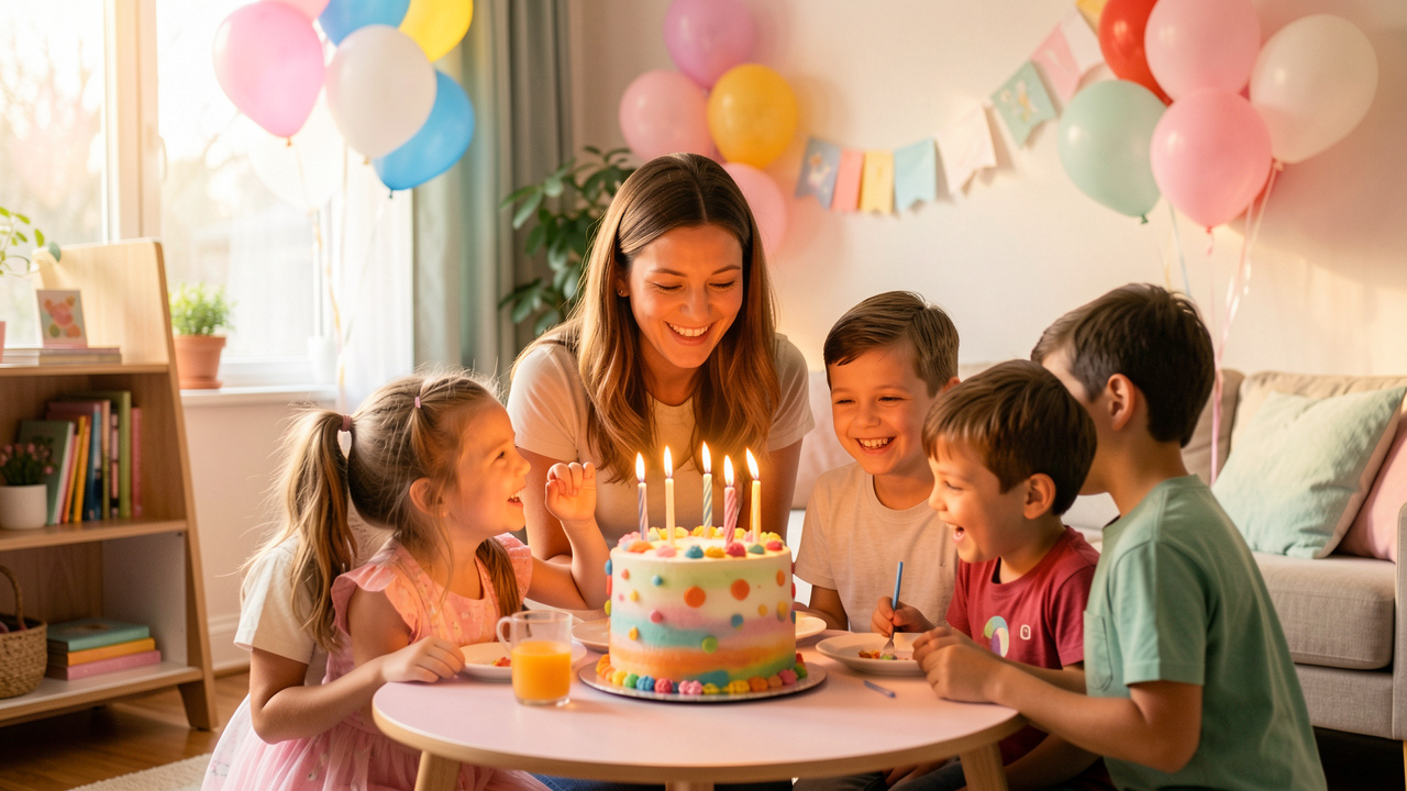 Une photographe capture un anniversaire d’enfant en intérieur, avec quatre enfants réunis autour d’un gâteau coloré dans une ambiance chaleureuse et décorée de ballons.
