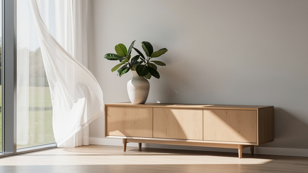 Salon lumineux décoré avec un buffet en bois clair, un vase en grès, une plante verte et des rideaux blancs semi-transparents.