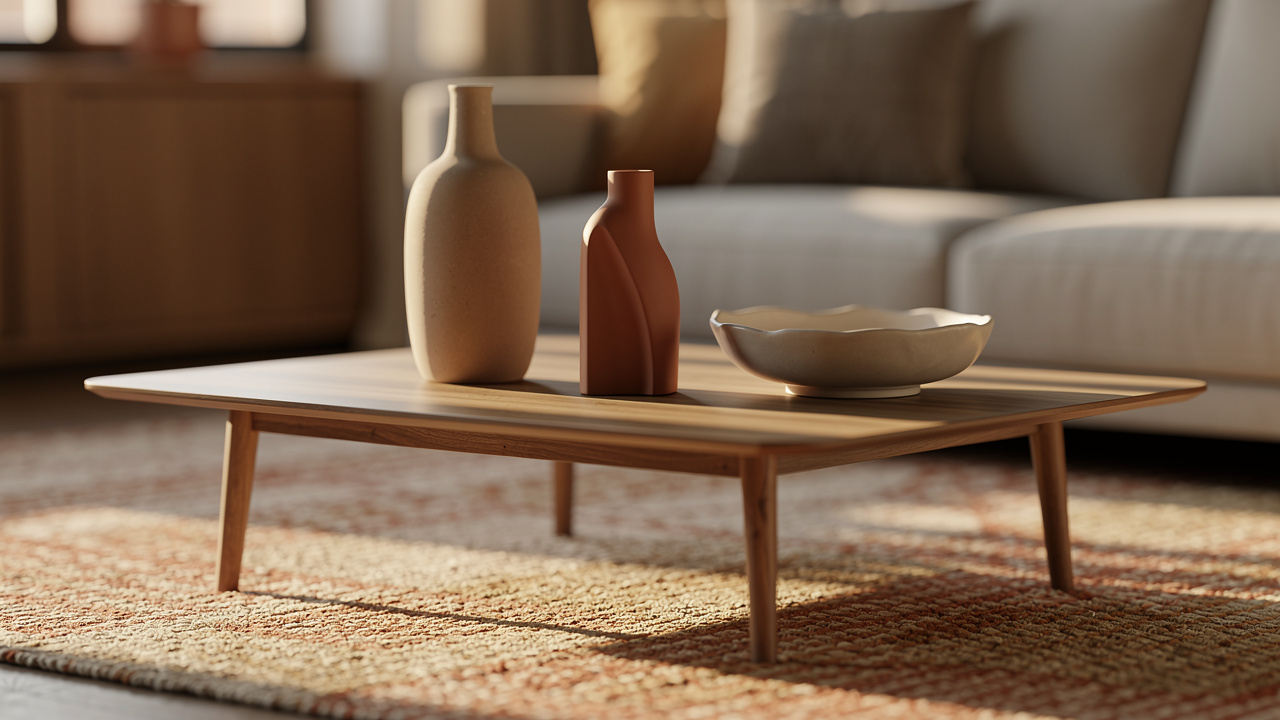Table basse décorée de trois objets de hauteurs différentes dans un salon chaleureux, posée sur un tapis texturé et éclairée par une douce lumière de fin d’après-midi.