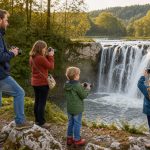 Une famille composée d’un homme, d’une femme, d’un garçon et d’une fille photographie un paysage verdoyant de Franche-Comté près d’une cascade, sous une douce lumière de fin d’après-midi.