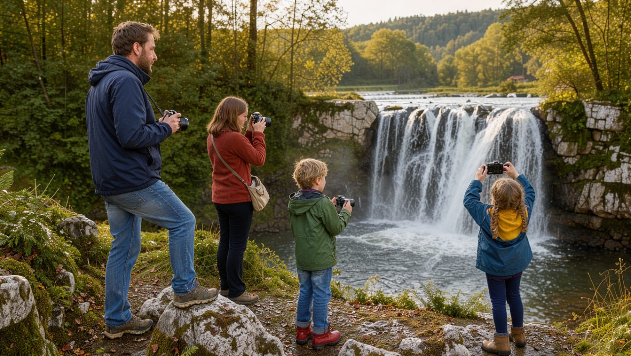 Une famille composée d’un homme, d’une femme, d’un garçon et d’une fille photographie un paysage verdoyant de Franche-Comté près d’une cascade, sous une douce lumière de fin d’après-midi.