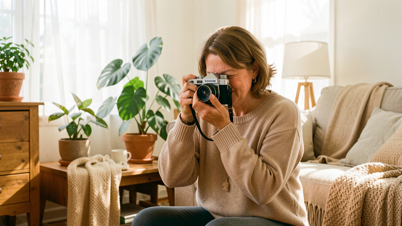 Une jeune photographe amateur prend une photo dans un salon chaleureux baigné de lumière naturelle.